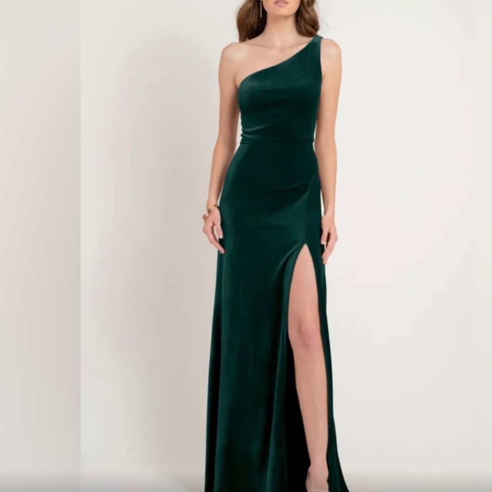 Jenny Yoo One-Shoulder Dark Green Dress